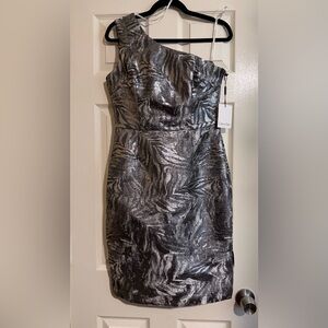 NWT Calvin Klein Silver One-Shoulder Metallic Jacquard Dress size 6